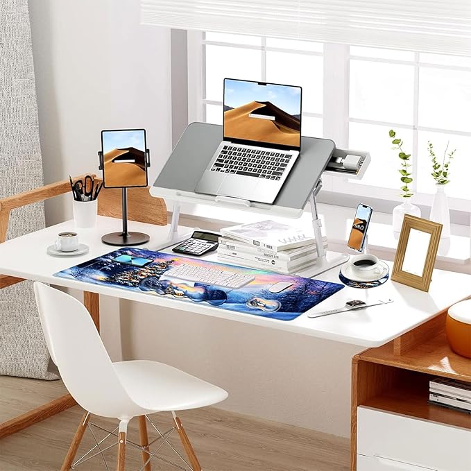 Keyboard Mouse Pad Set Extended Gaming Mouse Pad+Ergonomics Keyboard Wrist Rest Support Memory Foam Easy Typing Pain Relief 4Pcs XL Ultra Thick Desk MatChristmas Snowy Mountain