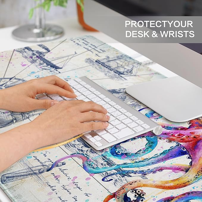 Large Gaming Pad Desk Mat for Desktop Big Computer Pad Grey Desk Pad Computer Desk Mat for Keyboard Cool Non-Slip Gaming Mat for Men Boys 35.4x15.7 Octopus