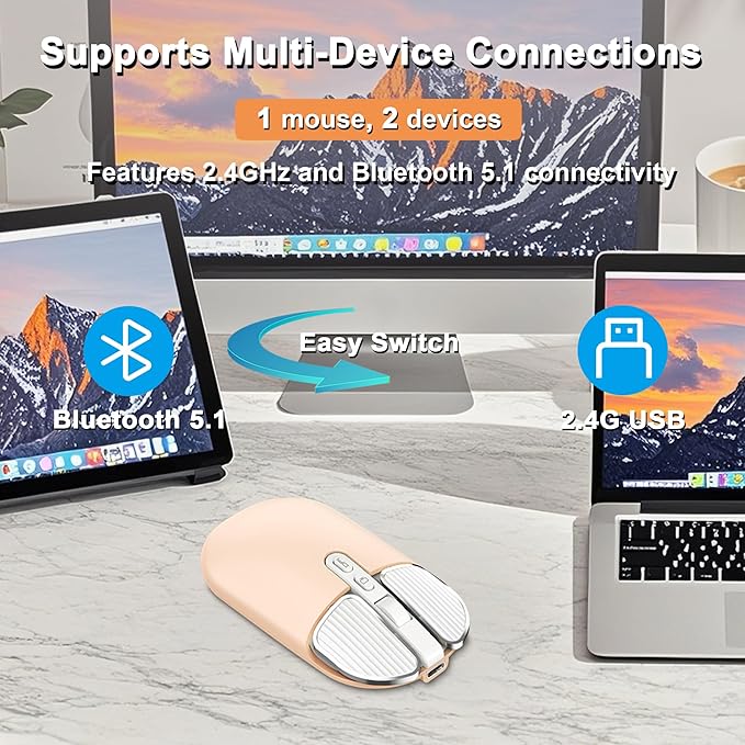 Wireless Mouse Bluetooth Cute Ultra Slim Silent Computer Mice with USB Receiver Dual-Mode 2.4G &amp Bluetooth Rechargeable Portable USB Cordless Mouse for Laptop PC Tablet Kids Adults Gift Milk Tea