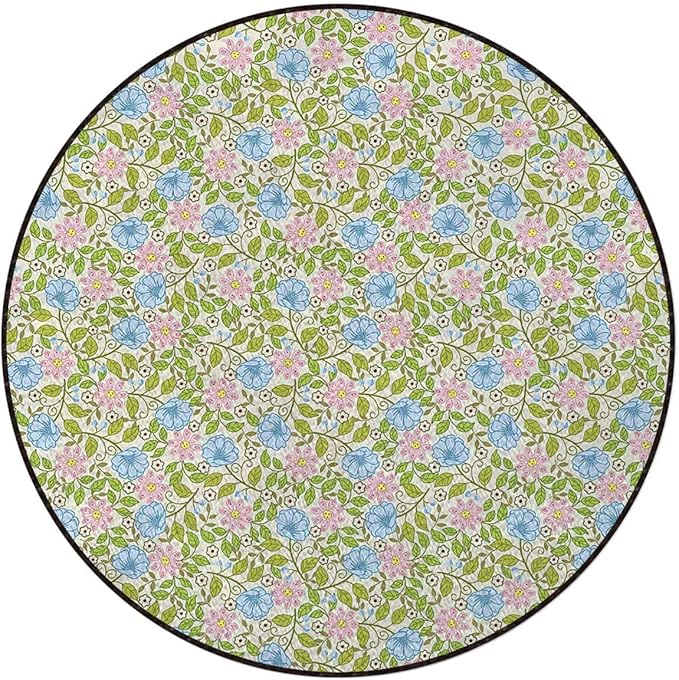 Multicolor Round Rug Contemporary Modern Boxes Easy Cleaning for Home OfficeLiving RoomBedroomKitchen Non Shedding Area Rug Colorful Spring Flowers Sketchy Theme Diameter 47.2 in