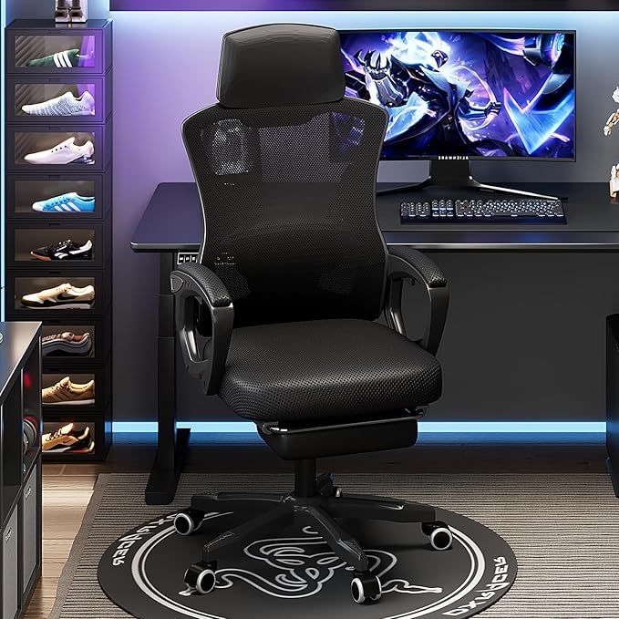 Gaming Chair Ergonomic Office Recliner with Lumbar Support High Back and Height Adjustable Computer Desk Chair with Mesh Back and 360° Swivel for Teens and Adults (Black)