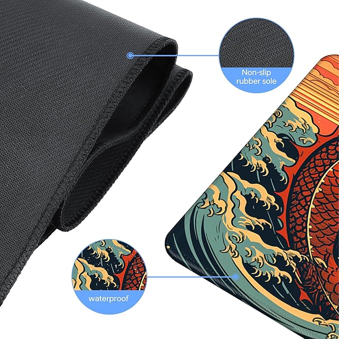 Wave Sea Dragon Gaming Mouse PadAnime Mouse Pad Gaming 31.5 x 15.7 in Mouse Mat Desk PadExtended Keyboard Pad Large Desk Mat Mousepad with Non-Slip Base and Stitched Edge for Office Home
