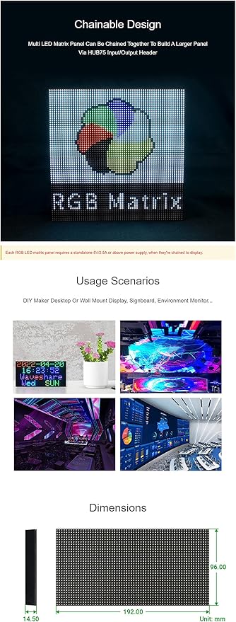 RGB Full-Color LED Matrix Panel Display for Raspberry Pi Pico ESP32 for Arduino 64×32 Pixels 3mm Pitch 2048 RGB LEDs Adjustable Brightness