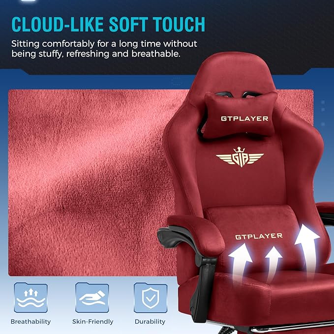 GTPLAYER Gaming Chair Fabric with Pocket Spring Cushion Big and Tall Gamings Chairs 350LBS High Back Computer Chair with Footrest for Adults Lumbar Support Swivel Game Chair for Office Gaming Red