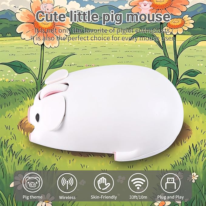 elec Space Cute Pig Design Wireless Mouse Dual Mode Bluetooth &amp USB Mouse Silent Operation Ergonomic Perfect for Laptops &amp PCs Ideal Gift for Animal Lovers and Family (White)