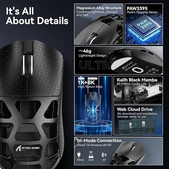 FELICON x Attack Shark R3 Magnesium Alloy Wireless Gaming Mouse 46g Ultra-Lightweight Skeletal Shell PAW3395 26K DPI 8K Polling Tri-Mode 2.4G/BT/Wired for PC Mac Laptop - Black &amp Griptape