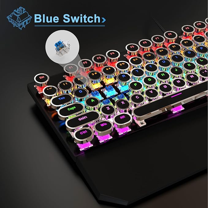 MageGee Typewriter Mechanical Gaming Keyboard Retro Black Punk Round Keycaps RGB Rainbow Backlit Wired Keyboards for Laptop MAC PC Gamer with Magnetic Wrist Rest - Blue Switch