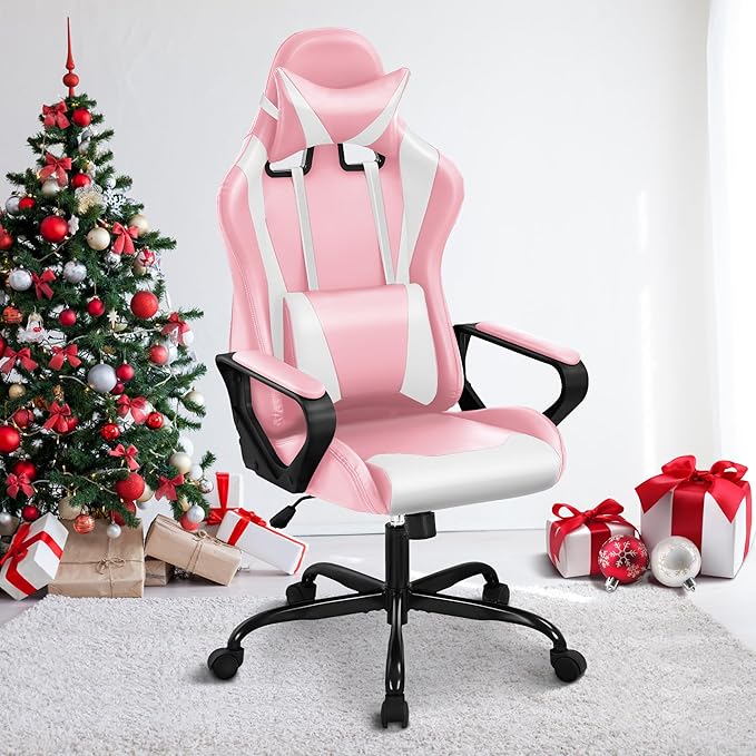 Pink Gaming Chair for Adults - High Back Ergonomic Office &amp PC Gaming Chair with Wheels Reclining &amp Adjustable Headrest &amp Lumbar Support