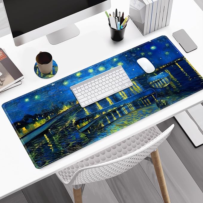 Large Gaming Mouse Pad Set 4 in 1 Ergonomics Keyboard Desk Mat Memory Foam Wrist Rest Computer Extended Game Mousepad Non-Slip Desk Matt Easy Typing Pain Relief I Starry Night Over The Rhone