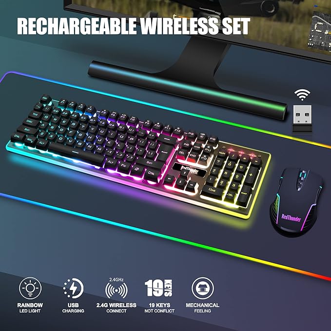 RedThunder K10 Wireless Gaming Keyboard and Mouse Combo RGB Backlight Rechargeable 3800mAh Battery 26-Key Anti-ghosting Keyboard + 7D 3200DPI Mice for PC Gamer