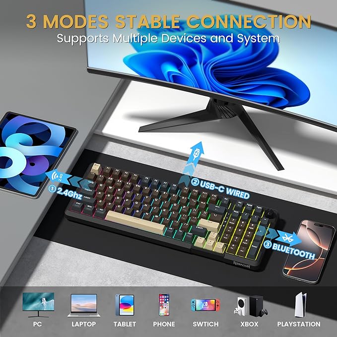 Redragon K742 Wireless Mechanical Gaming Keyboard with Knob Bluetooth 5.0/2.4GHz/USB C Wired Creamy Keyboard with Number Pad for PC Computer RGB Backlits Hot-Swappable with Linear Switches (Brown)