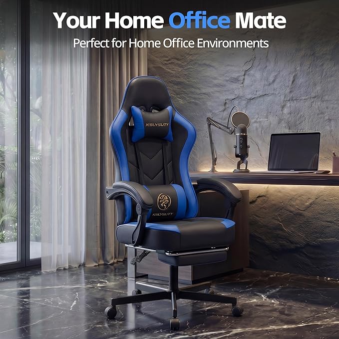 Desk Computer Gaming Chair - High Back Ergonomic Office Chair with Footrest and Lumbar Support Swivel Comfy Home Gamer Video Game Chairs with Pocket Spring Cushion for Adults (Blue Leather)