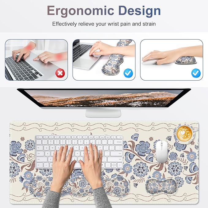 Desk Mat Gaming Mouse Pad Cute Desk Matt Keyboard Wrist Rest for Desktop Anti-Slip Big Mousepad Stitched Edges XXL Large Mouse Pad with Wrist Support for Home Office I Vintage Blue Flower