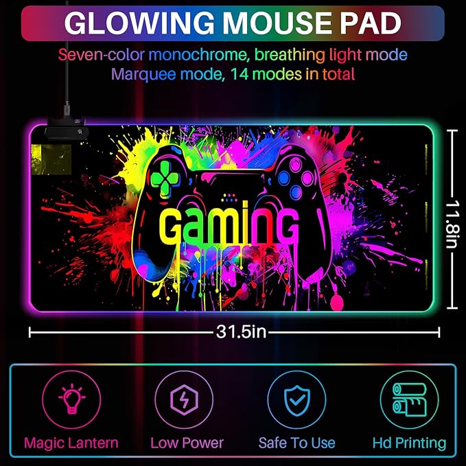 XL Led Gaming Mouse Pad with 14 Light Modes - Light Up Gamer Mouse Pad31.5 x 11.8in Non-Slip Gamepad Style RGB Large Gamer MousepadBlack Long Glowing Gaming Accessories for DeskWaterproof