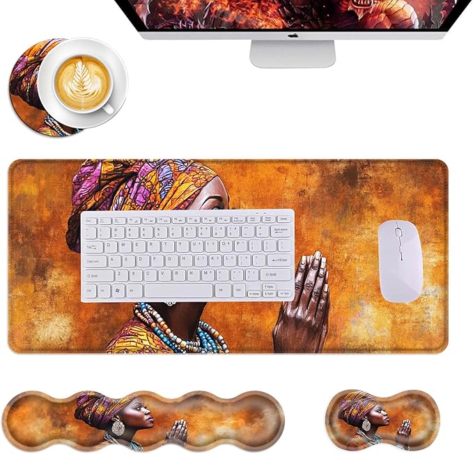 Mouse PadLarge Desk Mat Set 4in1 XL Mousepad + Keyboard Wrist Rest+Mouse Wrist Rest+Coaster with Ergonomic Desk Pad for Home Office Table Computer Cover -African Woman in Prayer Art