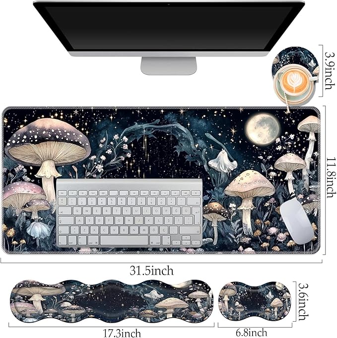 Keyboard Wrist Rest and Mouse Pad Set31.5x11.8 Inches Desk MatWaterproof Non-Slip Ergonomic Wrist Support for Pain ReliefExtended Desk Protector for Office Home GamingMushroom Galaxy