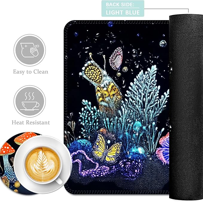 Keyboard Mouse Pad Set Extended Gaming Mouse Pad+Ergonomics Keyboard Wrist Rest Support Memory Foam Easy Typing Pain Relief 4Pcs XL Ultra Thick Desk MatGlow Mushroom Butterfly