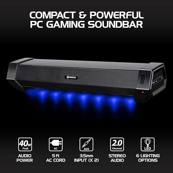 ENHANCE Gaming Attack Sound Bar PC Speaker - Under Monitor Soundbar Computer Speaker with Loud 40W Hi-Fi Audio 3 LED Color Modes and Dual Inputs for PC Laptop or Phone AUX