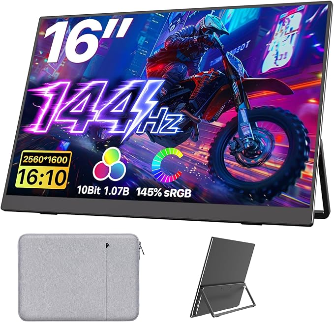 Portable Monitor 16 inch 2K QHD 2560X1600 145% sRGB 144 Hz HDR HDMI USB-C Travel Monitor for Laptop MacBook PC Surface PS5 Xbox External Display with Kickstand &amp Speakers VESA Compatible