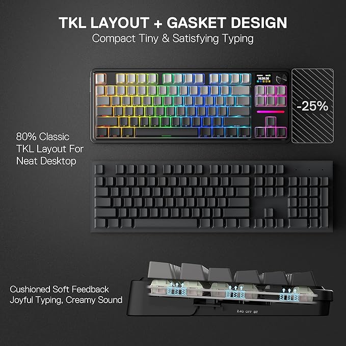 Redragon K743 PRO GB 80% Gasket RGB Gaming Keyboard w/Hype 1.14’’ TFT Screen &amp Knob 84 Keys Mechanical Keyboard 5-Layer Noise Dampening Hot-Swap South-Facing RGB Socket Gradient PBT Keycaps