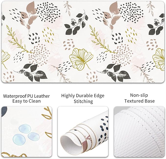 QIYI Leather Desk Mat Set 4-in-1 Large Mouse Pad with Wrist Rest Non-Slip Desk Pad + Keyboard Wrist Rest + Mouse Wrist Support + Coaster Office Desk Accessories Home Decor Supplies Botanical Leaf