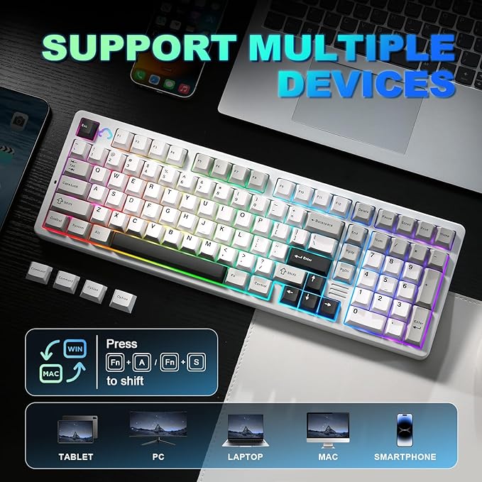 YUNZII AL98 QMK/VIA Wireless Mechanical Gaming KeyboardFull AluminumBT/2.4G/USB-C Pre-Lubed Hot Swappable Gasket Mount 1800 LayoutRGB Backlit for Win/Mac (White Cocoa Cream V2 Switch)