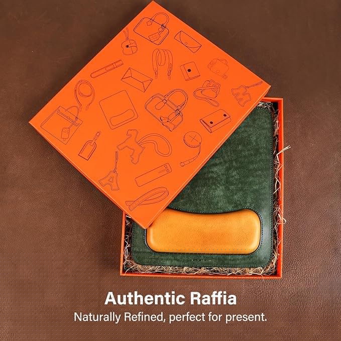Leather Mouse Pad with Wrist Support Vintage Frosted Leather Handmade Ergonomic Design 25x21cm (Green with Yellow)