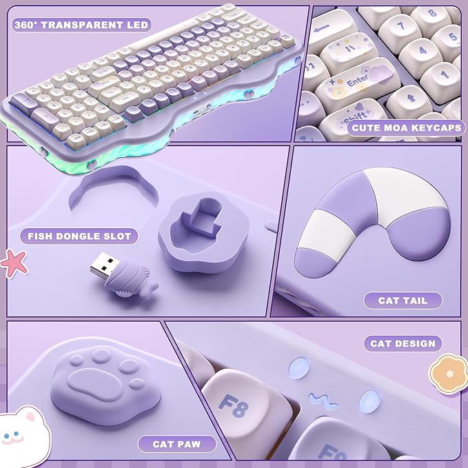 YUNZII C98 Wireless Mechanical Keyboard with Number Pad99 Key BT5.0/2.4G/USB-C Hot Swap Gasket Mount with PBT MOA KeycapsCustom RGBCute Cake Keyboard for Win/Mac (Purple Candy Linear Switch)