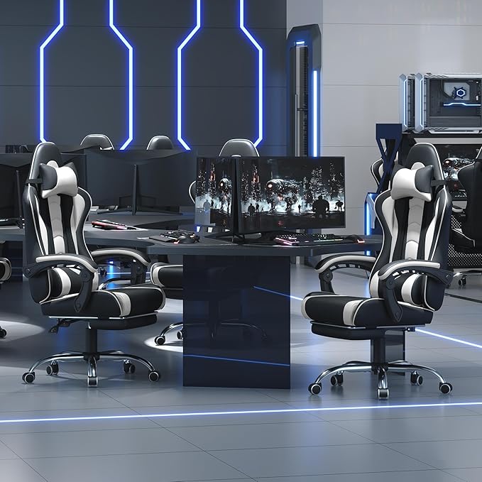 Yaheetech Gaming Chair Video Game Chair with Massage Lumbar Support and Footrest Height Adjustable Ergonomic Computer Gaming Chair with Swivel Seat and Headrest Black/White