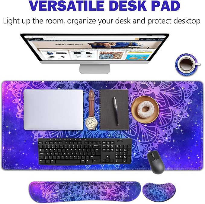 AIMSA Keyboard Mouse Pad Set Large Gaming Mouse Pad +Wrist Rest Mouse Pad +Keyboard Wrist Support +Coaster 35x15.7 inch Extended Desk Mat for Easy Typing Pain Relief (Blue Purple Mandala)