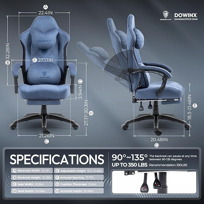 Dowinx Fabric Gaming Chair with Heated Massage Lumbar Support Computer Game Chairs for Adults Big Tall Gamer Chair with Pocket Spring Cushion and Footrest Recliner Gaming Chairs for AdultBlue