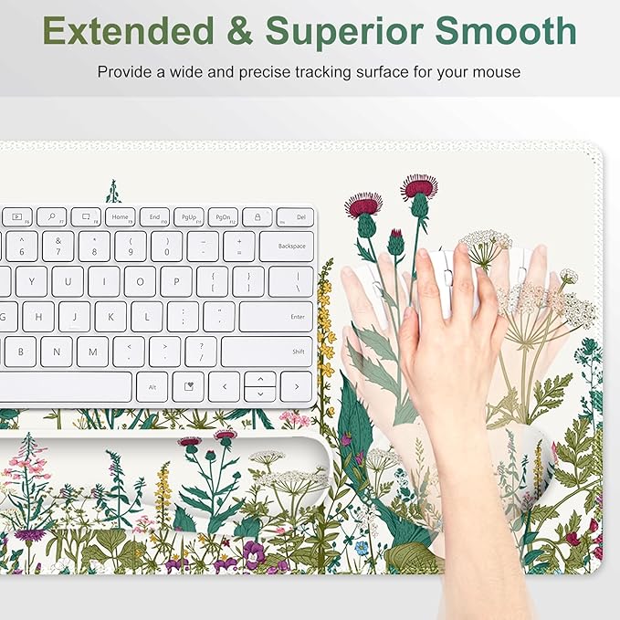 Desk Mat Pad Gaming Mouse Pad Wrist Support Set 4 in1 Non-Slip XXL Large Mousepad + Ergonomic Keyboard Wrist Rest+Mouse Wrist Rest+Coaster for Home Office Computer I Vintage Wildflower Garden