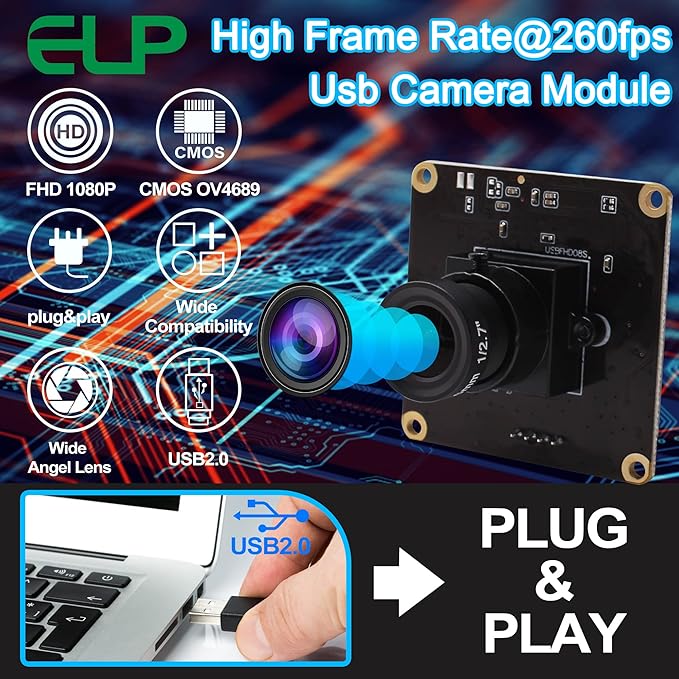 ELP 2MP High Speed USB Camera Module for Computer - 1080P Mini UVC USB2.0 Webcam Board CMOS OV4689 Video CCTV Industrial PC Camera for Laptop - High Frame Rate 260fps 120fps 60fps