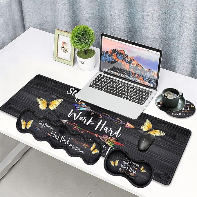 Large Gaming Mouse Pad Keyboard Wrist Rest pad + Mouse Wrist pad + Coaster Set Extended Waterproof Non-Slip Table mat Suitable for Home Office - Stay Positive Work Hard and Make It Happen