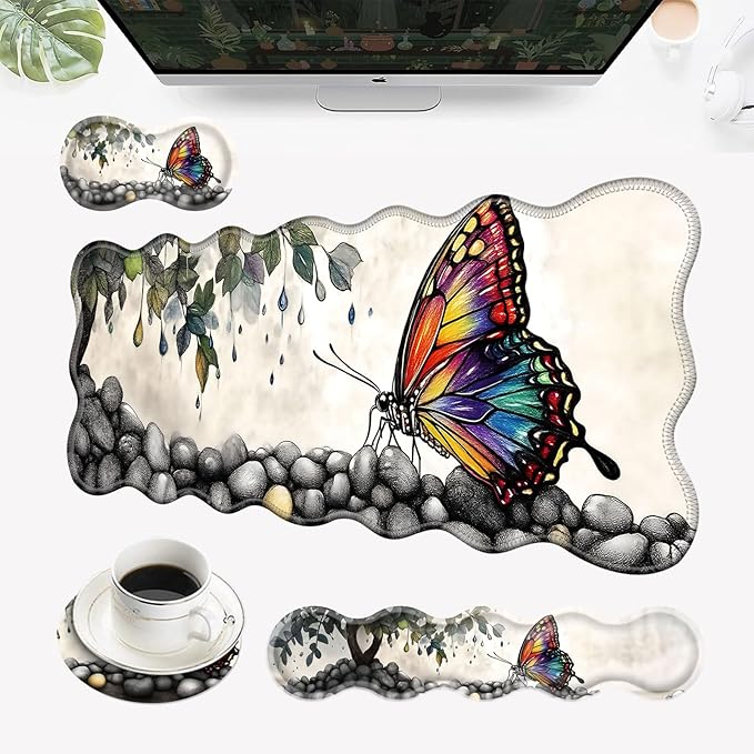 Desk Mat Mouse Pad with Wrist Rest 4-in-1 Large Mouse Pads for Desk Ergonomic Mouse Pad and Keyboard Wrist Rest Gaming Keyboard Mat for OfficeWatercolor Butterfly