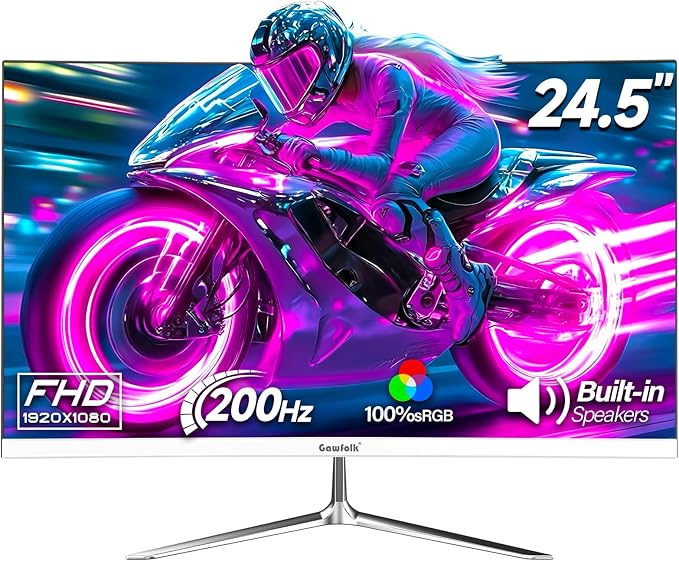 Gawfolk Gaming Monitor 24.5 Inch 200Hz Built-in Speakers 180hz PC Monitor FHD 1080P Frameless Computer Monitors VAsRGB 100% DisplayPort HDMI Eye Care Wall Mount Compatible (White)