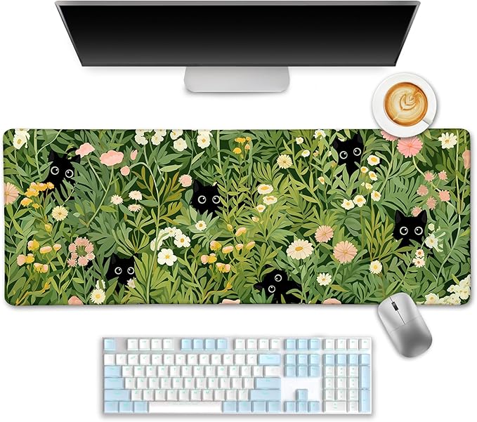 Anime Black Cat Ergonomic Mouse Pad with Wrist Rest Green Desk Mat Pad Keyboard Mouse Pad for Desktop Computer Laptop Work Home Cute Office Desk Accessories