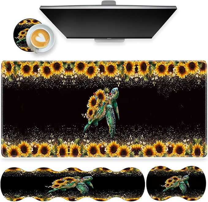 Large Gaming Mouse Pad Keyboard Wrist Rest + Mouse Wrist Pad + Coaster Combination Set Memory Sponge Non-Slip Base. Suitable for Office and Home Glitter Turtle Sunflowers