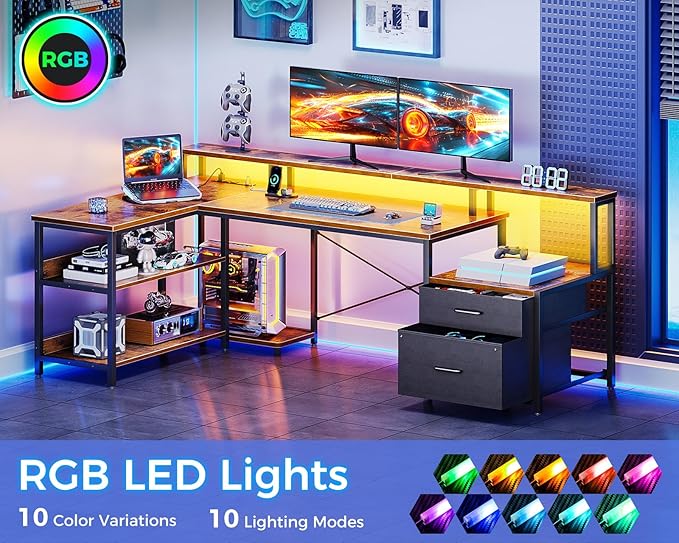 ODK L Shaped Desk with File Drawer 66 Reversible L Shaped Computer Desk with Power Outlet &amp LED Strip Office Desk with Storage Shelves Gaming Desk with Monitor Shelf Corner Desk Vintage