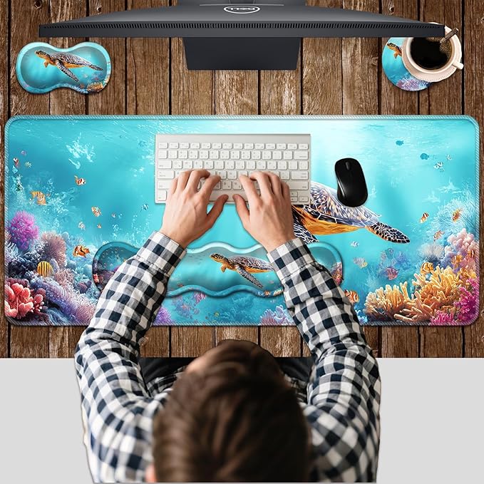 Ergonomic Keyboard Wrist Rest &amp Mouse Pad Wrist Rest SetXL Gaming Desk Mat 31.5x 11.8Non-Slip BaseMemory FoamEasy Typing Pain Relief for Office &amp HomeSea Turtle with Tropical Fish