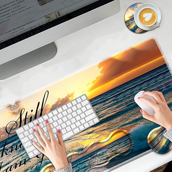 Large Mouse Pad Set Desktop Mouse Pad + Keyboard Wrist Pad + Mouse Wrist Pad + Coaster Ergonomic Memory Foam Multi-Functional Desk Mat - Sunset Beach