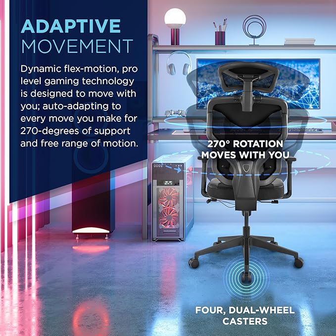 Tempur-Pedic Blaze Auto-Adaptive Ergonomic Gaming Chair with Lumbar Support and 3D Armrest Adjustment Cooling Racing Style Gaming Chair Black