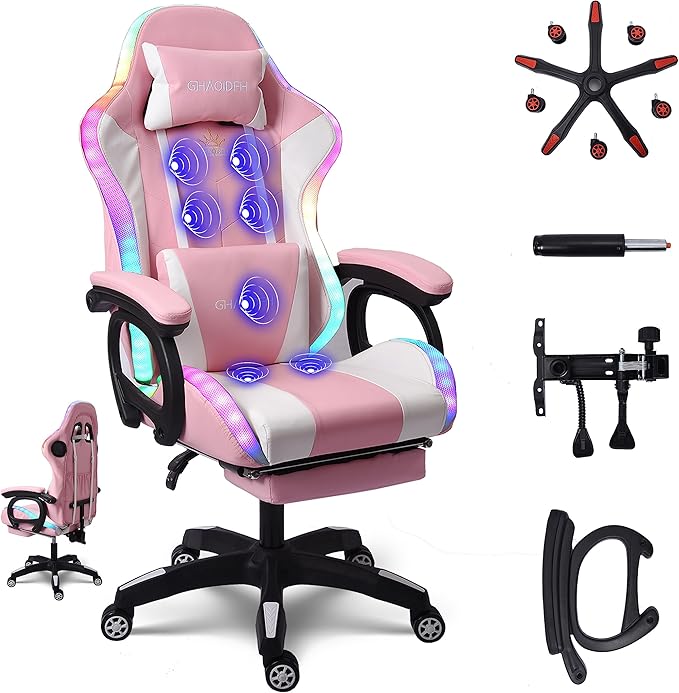 TBQATNTS Gaming Chair with LED Lights and Speakers Ergonomic Gaming Chair with Massage and FootrestComfortable Computer Reclining with Headrest and Lumbar SupportVideo Game Chair for Adults Kids.P