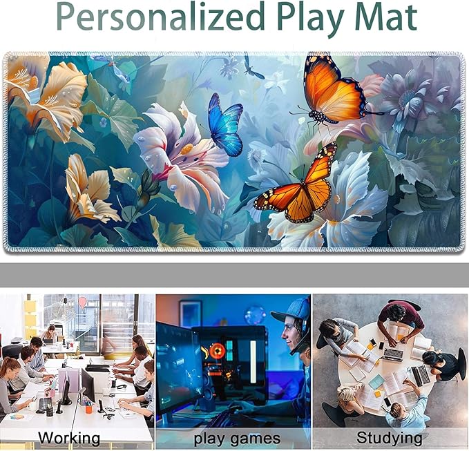 Large Gaming Mouse Pad + Keyboard Wrist Rest + Wrist Support + Coaster Set Memory Foam Ergonomic for Easy Typing XXL Extended Gaming Mouse Pad Table Pad - Painting Butterfly