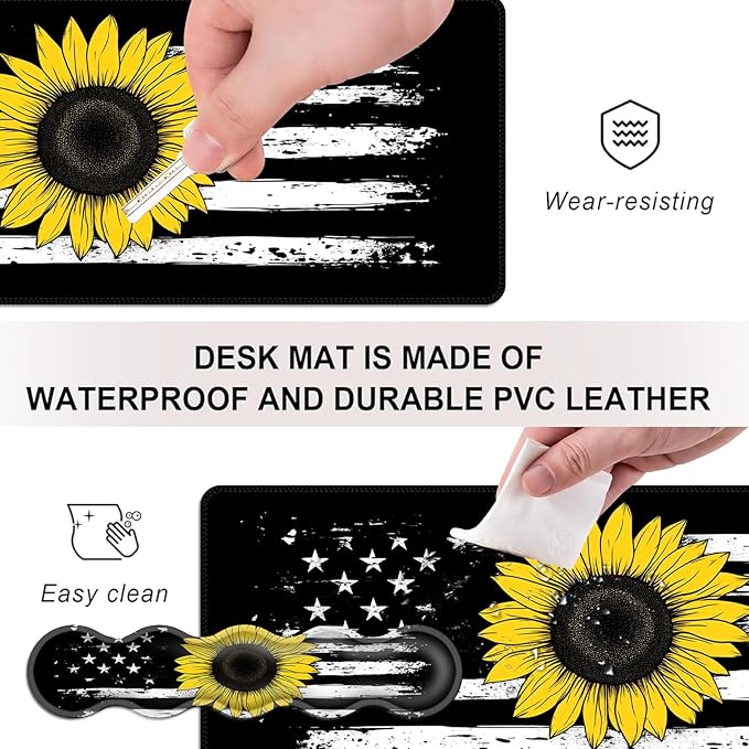 Mouse PadLarge Desk Mat Set 4in1 XL Mousepad + Keyboard Wrist Rest+Mouse Wrist Rest+Coaster with Ergonomic Desk Pad for Home Office Table Computer Cover -American Flag with Sunflower