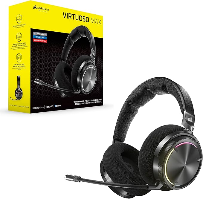 Corsair Virtuoso MAX Wireless Gaming Headset – Dolby Atmos Active Noise Cancelling Sonarworks SoundID Simultaneous 2.4GHz Wireless &amp Bluetooth 50mm Graphene Drivers PC Mac PS5/PS4 – Carbon