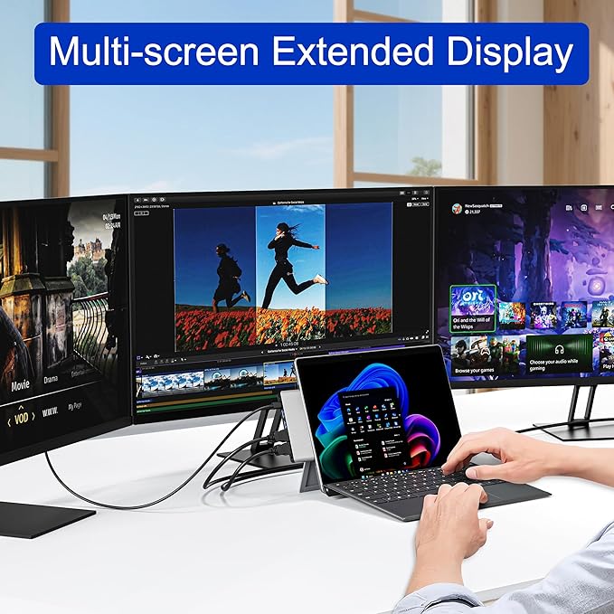 Surface Pro 9/10/11 Docking Station - 8-in-1 Triple Display Surface Pro 9/10/11 Accessories Adapter with Dual HDMI 4K 1x USB C (100W 40Gbps) 2x USB 3.0 SD/Micro SD Card Reader and 3.5mm Audio Jack