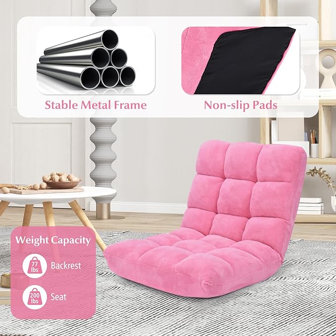 ARLIME Adjustable Floor Chair 14-Position Lazy Sofa Chair with Back Support &amp Thick Padding Portable Foldable Floor Couch for Adults Kids Use in Bedroom Living Room Home Theater (Pink)