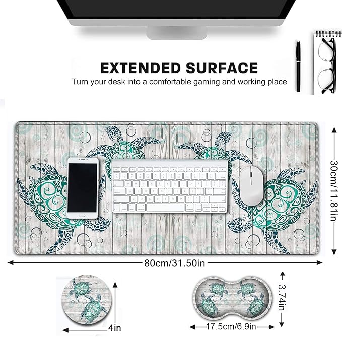 Large Gaming Mouse PadExtended Waterproof Desk Pad Protector (31.5 x 11.8)Ergonomics Memory Foam Mouse Wrist Rest Supportfor Home Office Laptop Easy TypingOcean Turtle Sea Turtle White Mouse Mat