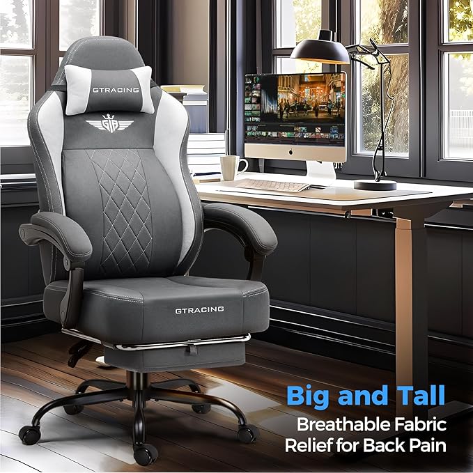 GTPLAYER Big and Tall Gaming Chair Breathable Fabric Computer Chair with Strong Lumbar Support Comfortable Office Chairs with Pocket Spring Cushion High Back Ergonomic Desk Chairs with Footrest